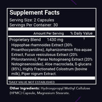 Supplement facts for STEMREGEN Release showing proprietary blend ingredients including sea buckthorn, AFA, ginseng, colostrum, and aloe